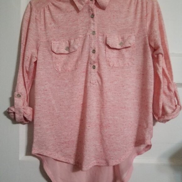 * EYELASH Pink Print Sheer Back Adjustable Sleeve Top Ladies XS - Picture 2 of 7